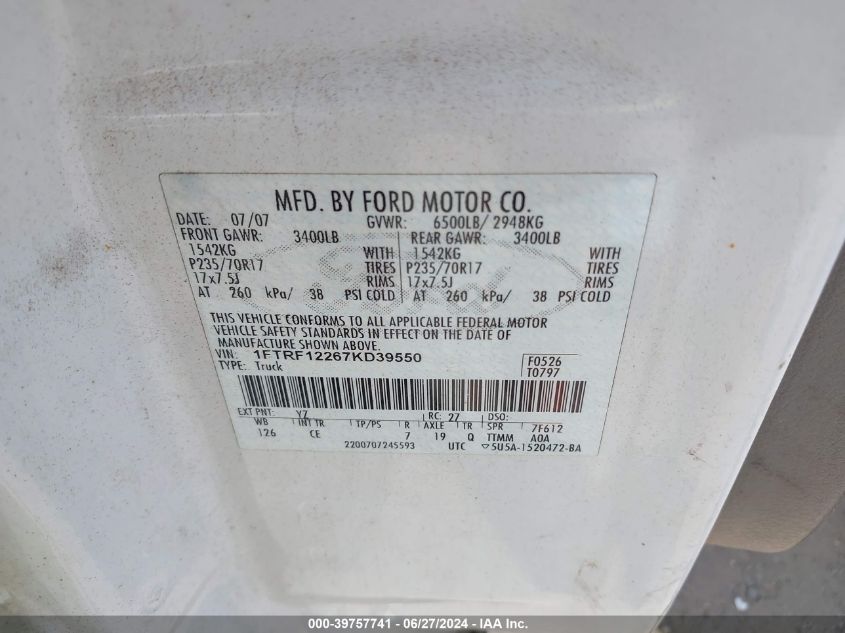 2007 Ford F-150 Stx/Xl/Xlt VIN: 1FTRF12267KD39550 Lot: 39757741