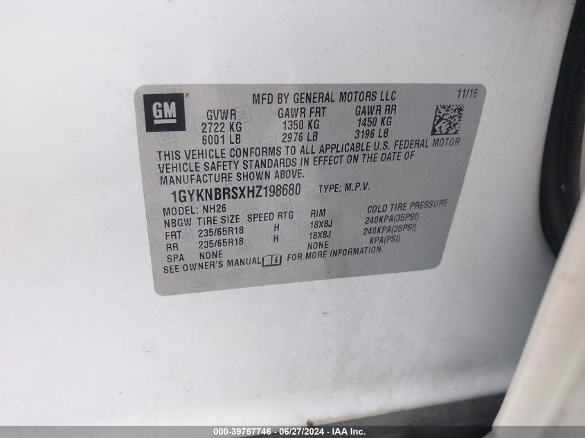 2017 Cadillac Xt5 Luxury VIN: 1GYKNBRSXHZ198680 Lot: 39757746