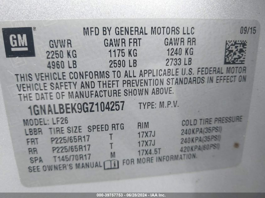 2016 Chevrolet Equinox Ls VIN: 1GNALBEK9GZ104257 Lot: 39757753