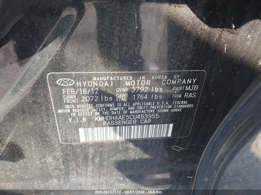 2012 Hyundai Elantra Gls (Ulsan Plant) VIN: KMHDH4AE5CU453955 Lot: 39757772