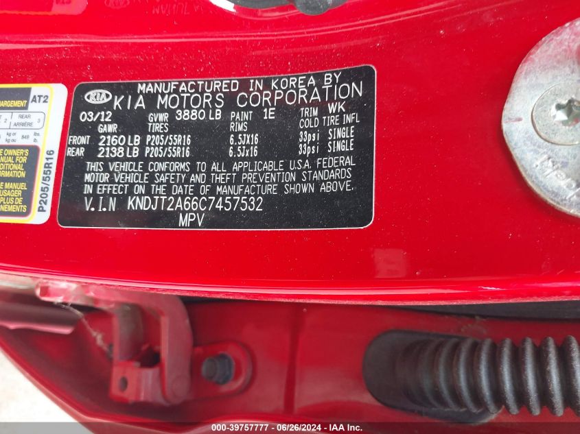 2012 Kia Soul +/!/Sport VIN: KNDJT2A66C7457532 Lot: 39757777