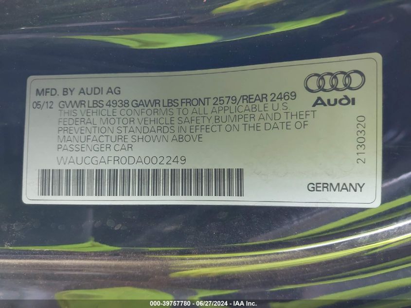 2013 Audi S5 Premium Plus VIN: WAUCGAFR0DA002249 Lot: 39757780