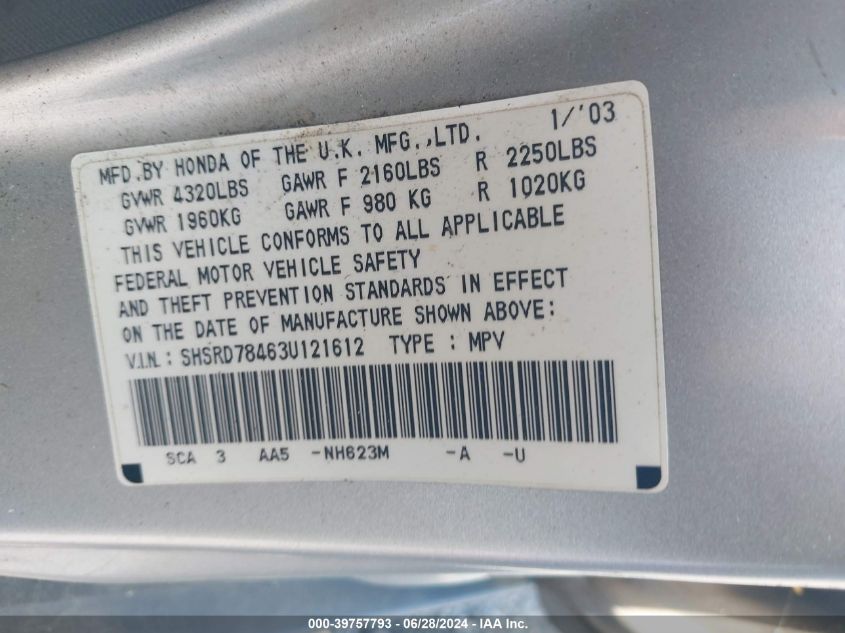 2003 Honda Cr-V Lx VIN: SHSRD78463U121612 Lot: 39757793