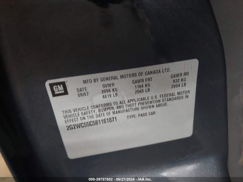 2008 Pontiac Grand Prix Gxp VIN: 2G2WC55C581161871 Lot: 39757802