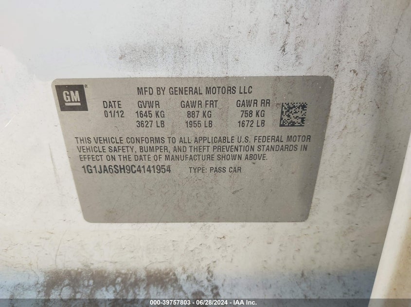 2012 Chevrolet Sonic Ls VIN: 1G1JA6SH9C4141954 Lot: 39757803