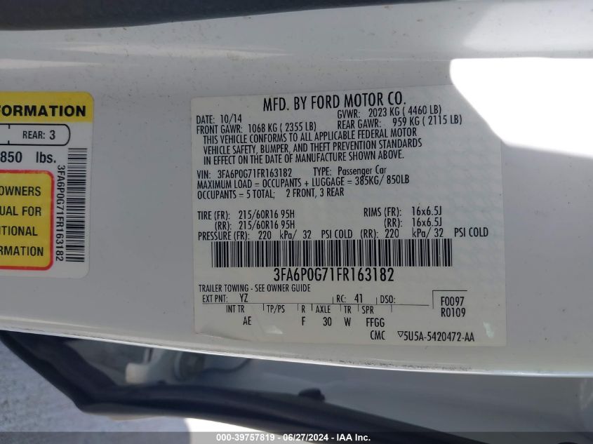 2015 FORD FUSION S - 3FA6P0G71FR163182