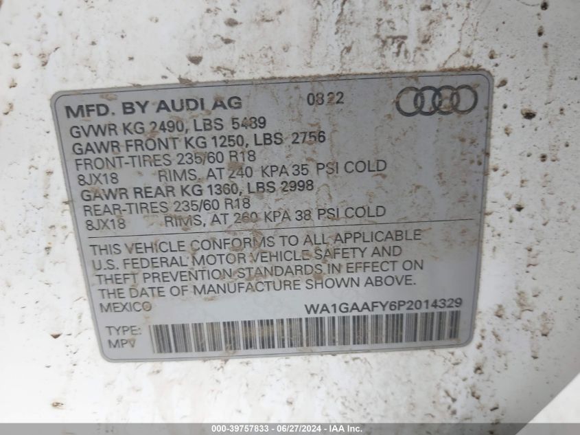 2023 Audi Q5 Premium 45 VIN: WA1GAAFY6P2014329 Lot: 39757833