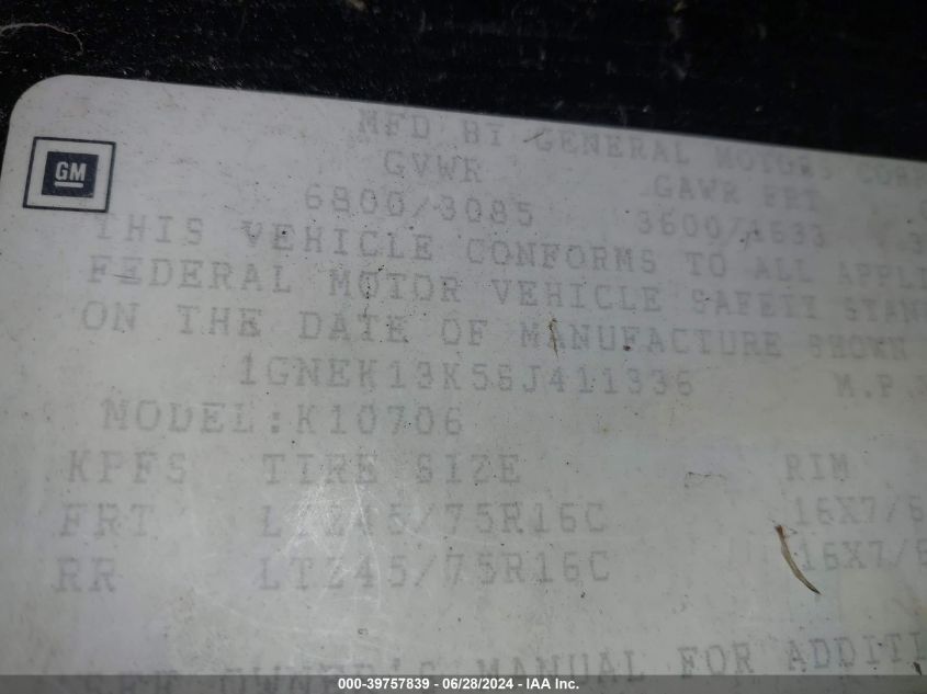 1995 Chevrolet Tahoe K1500 VIN: 1GNEK13K5SJ411336 Lot: 39757839
