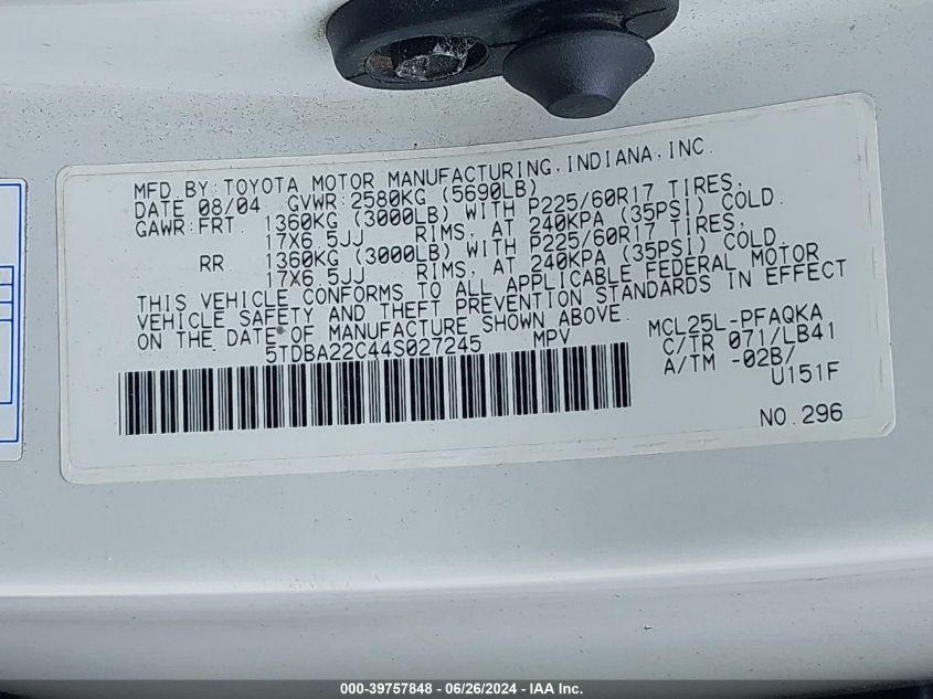 5TDBA22C44S027245 2004 Toyota Sienna Xle