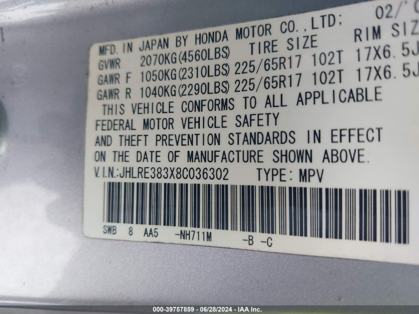 2008 Honda Cr-V Lx VIN: JHLRE383X8C036302 Lot: 39757859