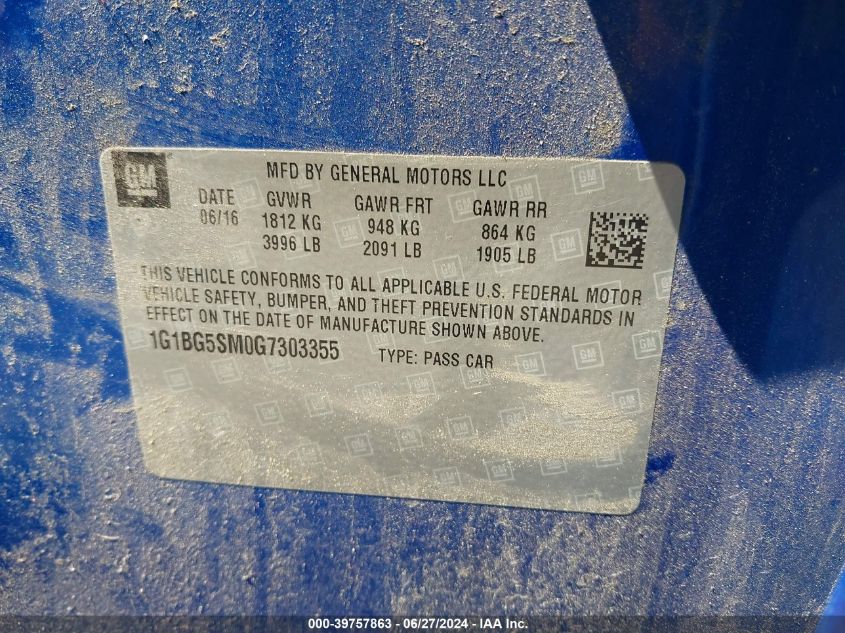 2016 Chevrolet Cruze Premier Auto VIN: 1G1BG5SM0G7303355 Lot: 39757863