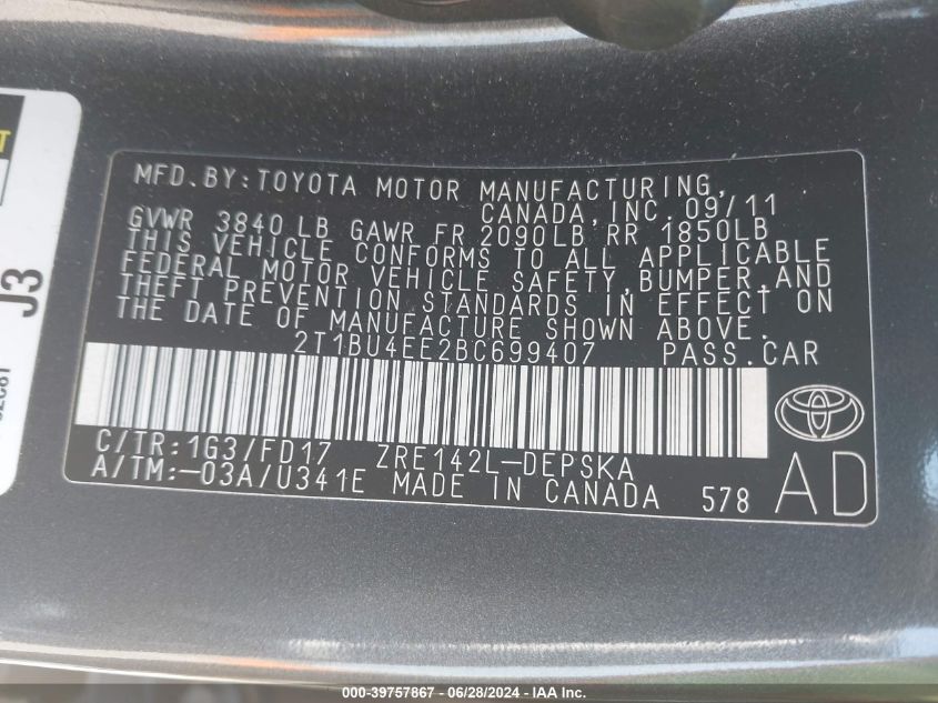 2011 Toyota Corolla S/Le VIN: 2T1BU4EE2BC699407 Lot: 39757867