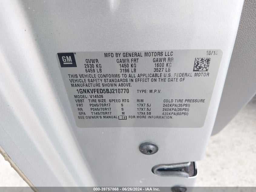 2011 Chevrolet Traverse Ls VIN: 1GNKVFED5BJ210770 Lot: 39757868