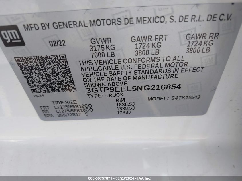 3GTP9EEL5NG216854 2022 GMC Sierra 1500 Limited 4Wd Short Box At4