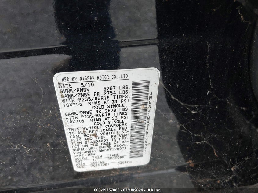 2010 Nissan Murano Sl VIN: JN8AZ1MW6AW129071 Lot: 39757883