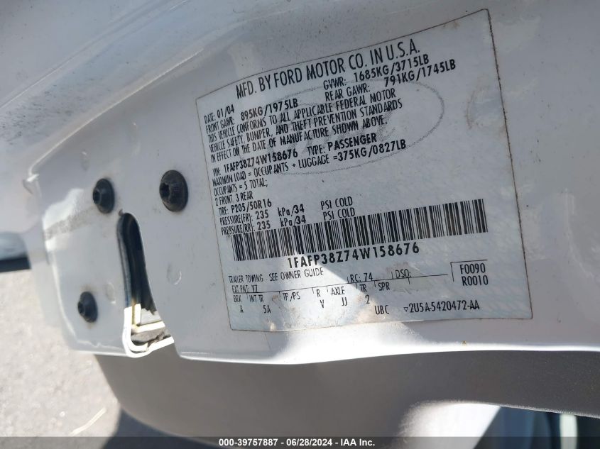 2004 Ford Focus Zts VIN: 1FAFP38Z74W158676 Lot: 39757887