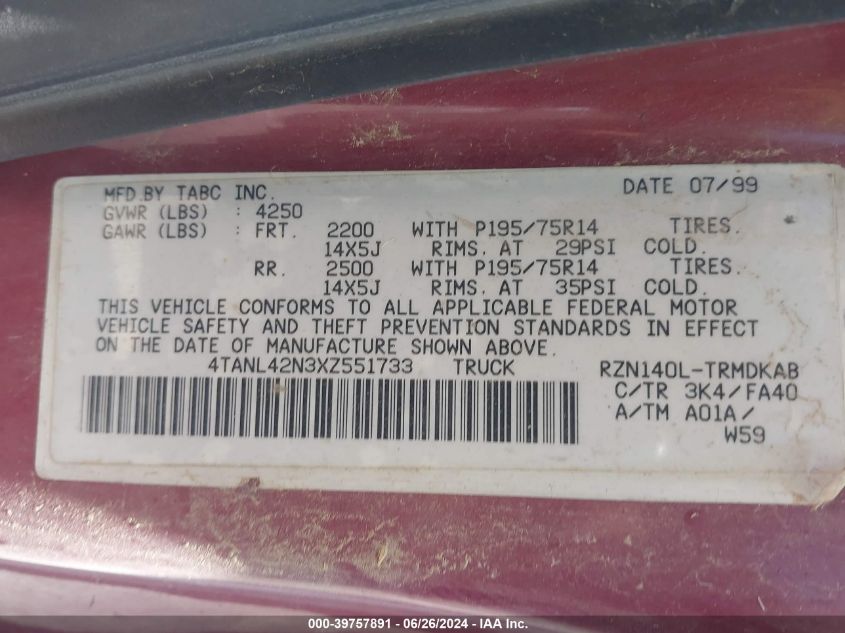 1999 Toyota Tacoma VIN: 4TANL42N3XZ551733 Lot: 39757891