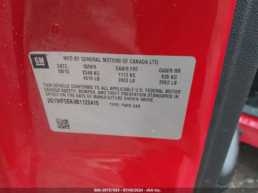 2011 Chevrolet Impala Ls VIN: 2G1WF5EK4B1120416 Lot: 39757893