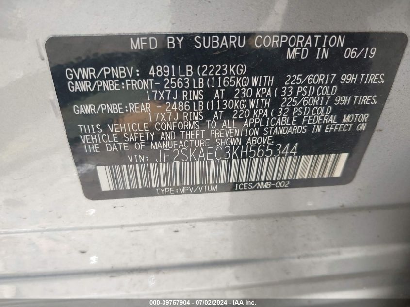 2019 Subaru Forester Premium VIN: JF2SKAEC3KH565344 Lot: 39757904
