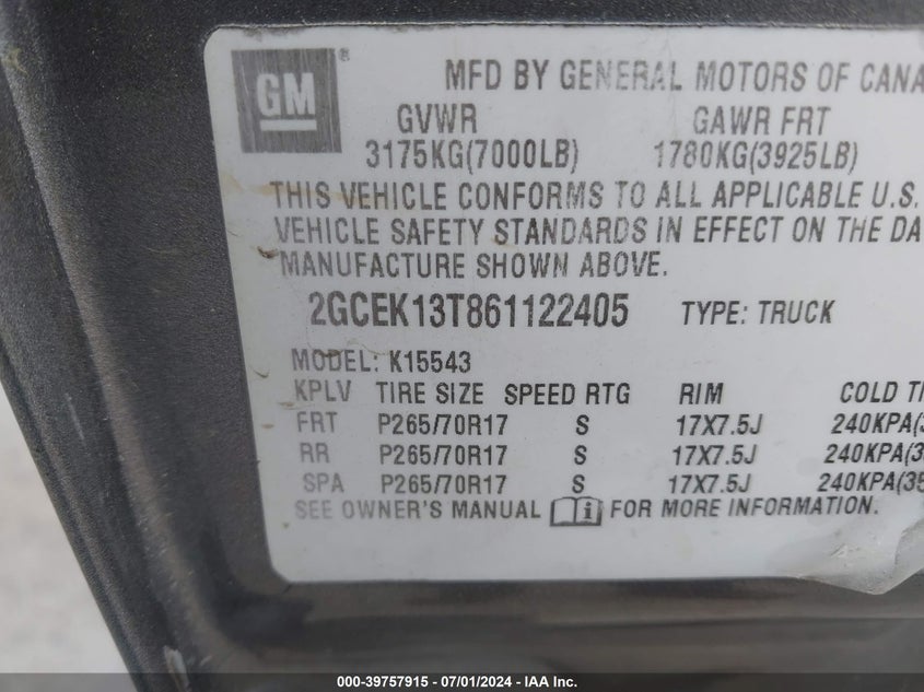 2006 Chevrolet Silverado 1500 Lt2 VIN: 2GCEK13T861122405 Lot: 39757915