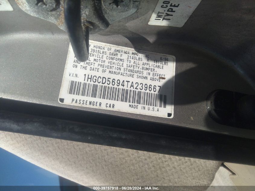 1996 Honda Accord Value VIN: 1HGCD5694TA239667 Lot: 39757918