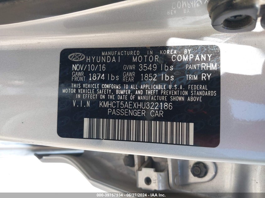 2017 Hyundai Accent Se VIN: KMHCT5AEXHU322186 Lot: 39757934