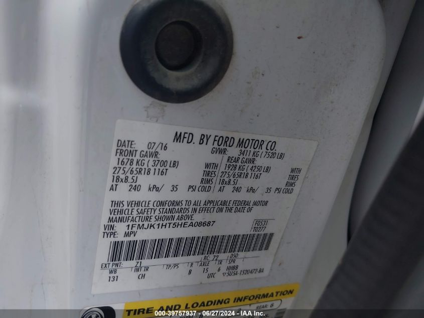 2017 Ford Expedition El Xlt VIN: 1FMJK1HT5HEA08687 Lot: 39757937
