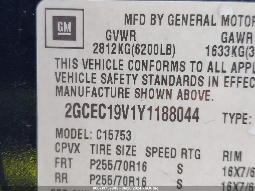 2000 Chevrolet Silverado 1500 Ls VIN: 2GCEC19V1Y1188044 Lot: 39757945