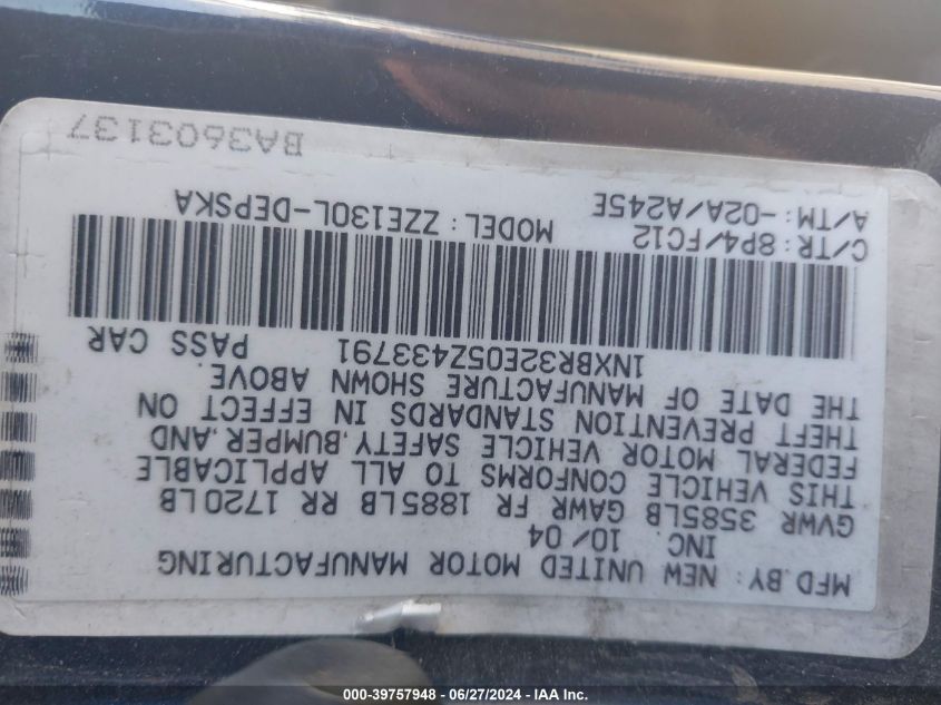 2005 Toyota Corolla S VIN: 1NXBR32E05Z433791 Lot: 39757948