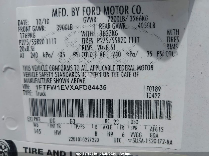 2010 Ford F-150 Fx4/Harley-Davidson/King Ranch/Lariat/Platinum/Xl/Xlt VIN: 1FTFW1EVXAFD84435 Lot: 39757950