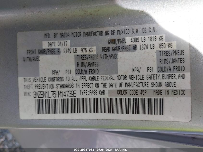 2017 Mazda Mazda3 Touring VIN: 3MZBN1L75HM147395 Lot: 39757953
