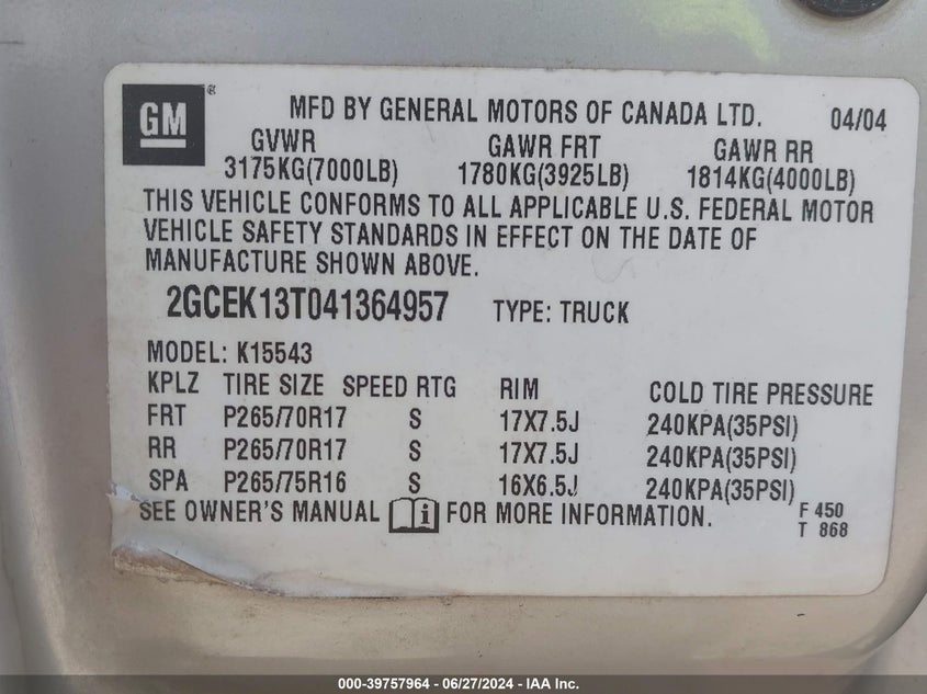 2004 Chevrolet Silverado 1500 K1500 VIN: 2GCEK13T041364957 Lot: 39757964