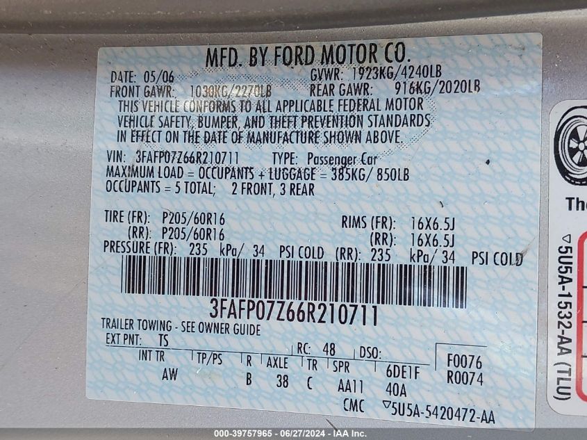 2006 Ford Fusion Se VIN: 3FAFP07Z66R210711 Lot: 39757965