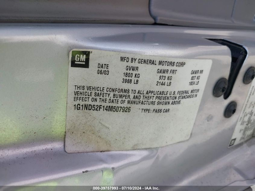 2004 Chevrolet Classic VIN: 1G1ND52F14M507926 Lot: 39757993