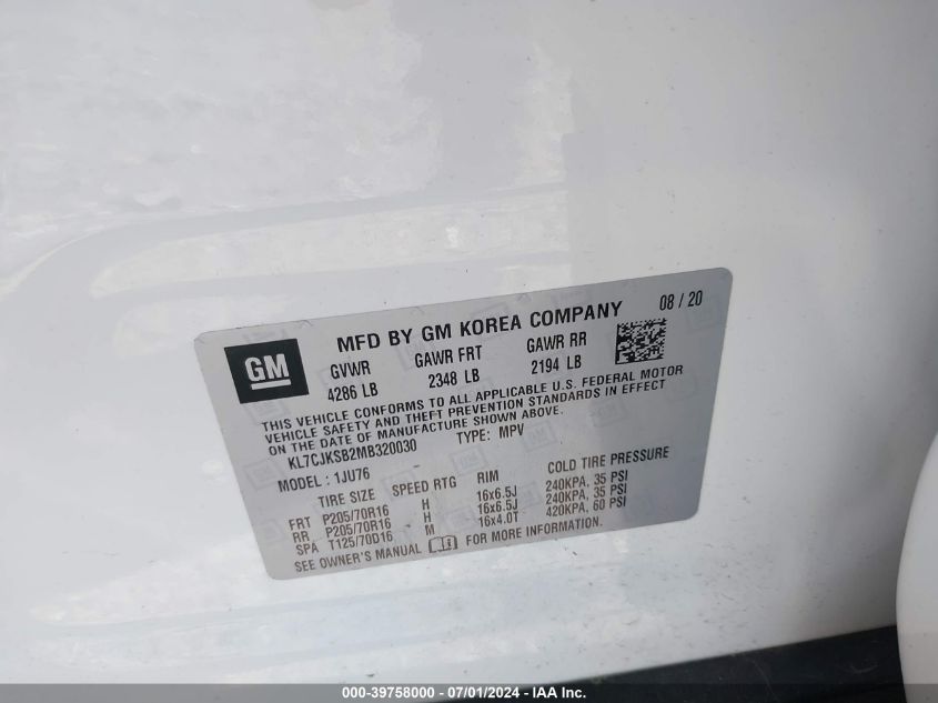 2021 Chevrolet Trax Fwd Ls VIN: KL7CJKSB2MB320030 Lot: 39758000