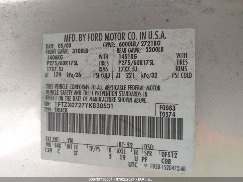 2000 Ford F-150 Xl/Xlt VIN: 1FTZX0727YKB30531 Lot: 39758001