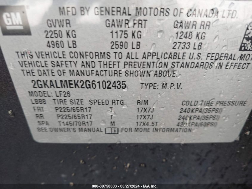 2016 GMC Terrain Sle-1 VIN: 2GKALMEK2G6102435 Lot: 39758003