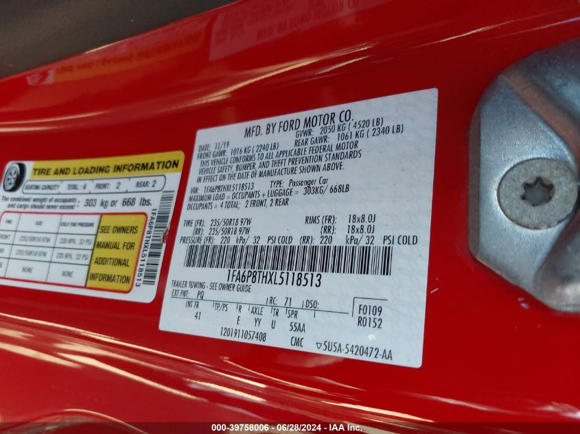 2020 Ford Mustang VIN: 1FA6P8THXL5118513 Lot: 39758006