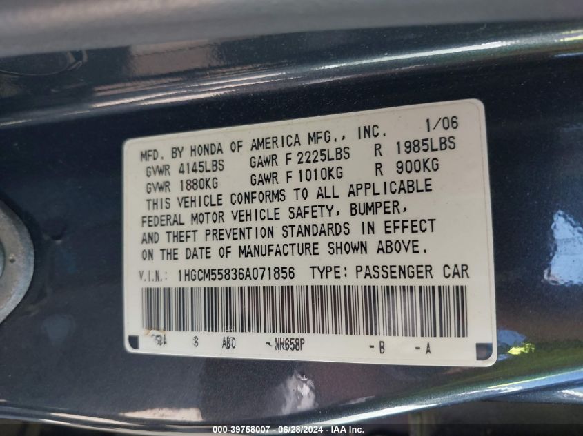 2006 Honda Accord 2.4 Ex VIN: 1HGCM55836A071856 Lot: 39758007