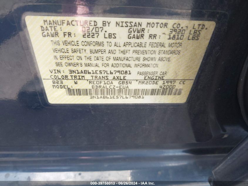 2007 Nissan Sentra 2.0 VIN: 3N1AB61E57L679081 Lot: 39758013