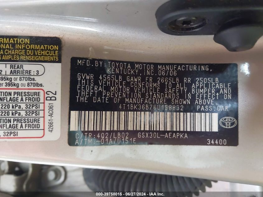 2006 Toyota Avalon Limited VIN: 4T1BK36B76U158832 Lot: 39758015