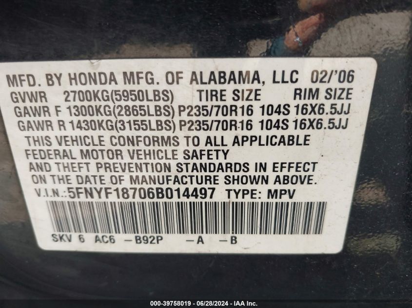 2006 Honda Pilot Ex VIN: 5FNYF18706B014497 Lot: 39758019