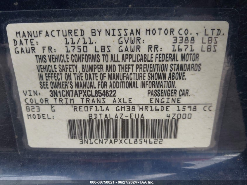 2012 Nissan Versa 1.6 S VIN: 3N1CN7APXCL854622 Lot: 39758021