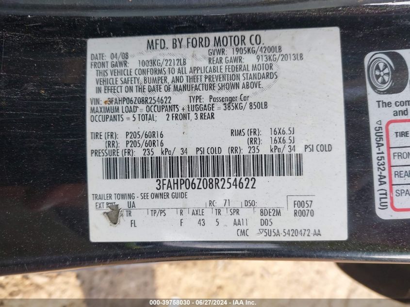 3FAHP06Z08R254622 | 2008 FORD FUSION