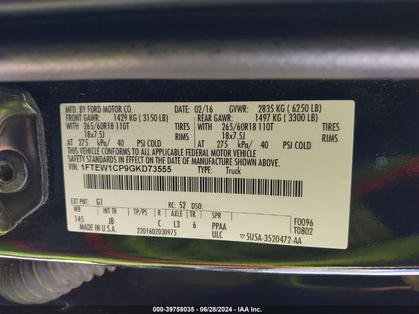 2016 Ford F-150 Xlt VIN: 1FTEW1CP9GKD73555 Lot: 39758035