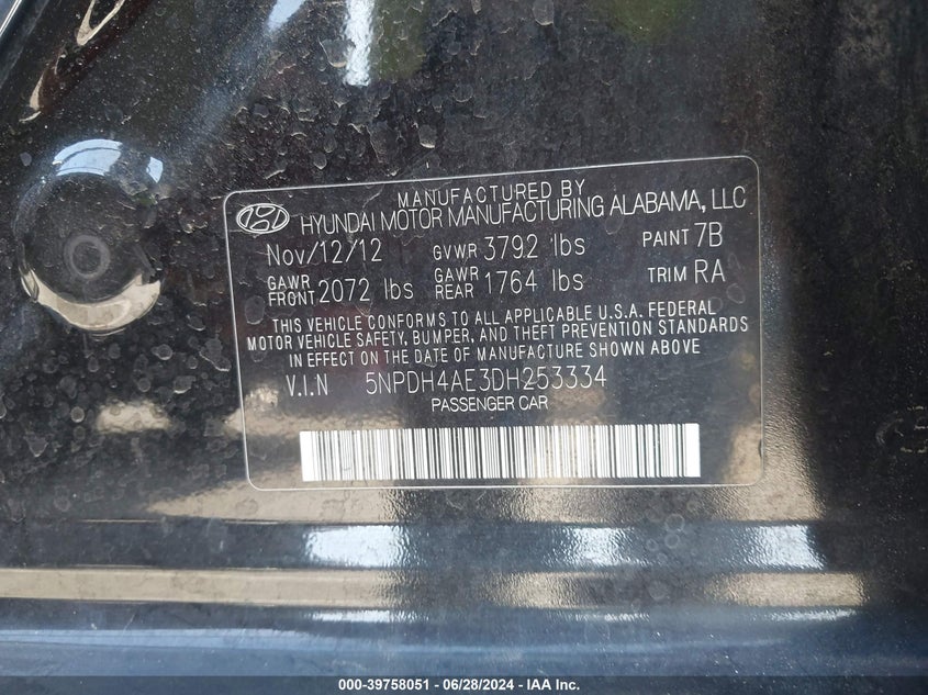 2013 Hyundai Elantra Gls VIN: 5NPDH4AE3DH253334 Lot: 39758051