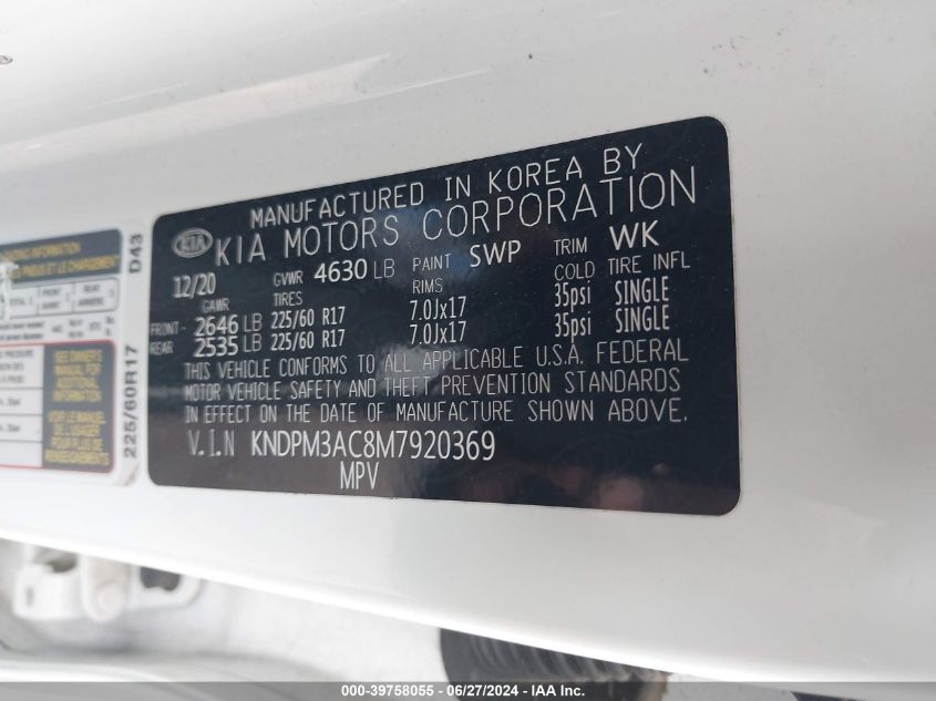 2021 Kia Sportage Lx VIN: KNDPM3AC8M7920369 Lot: 39758055