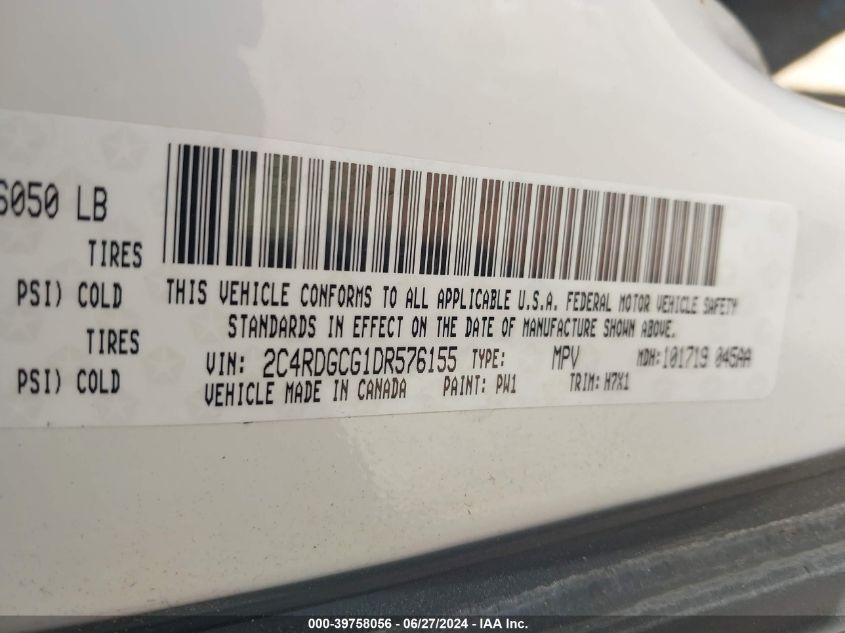 2013 Dodge Grand Caravan Sxt VIN: 2C4RDGCG1DR576155 Lot: 39758056