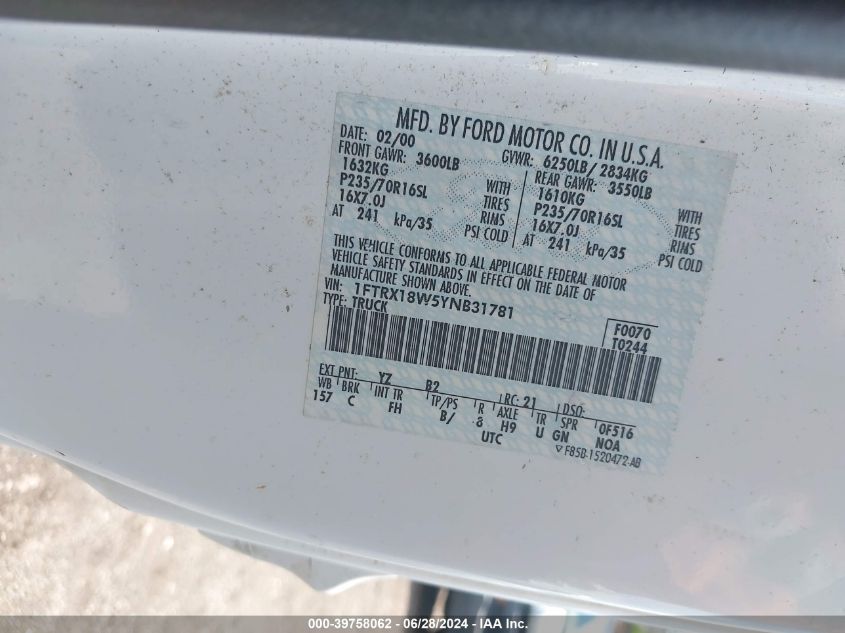 2000 Ford F-150 Lariat/Work Series/Xl/Xlt VIN: 1FTRX18W5YNB31781 Lot: 39758062