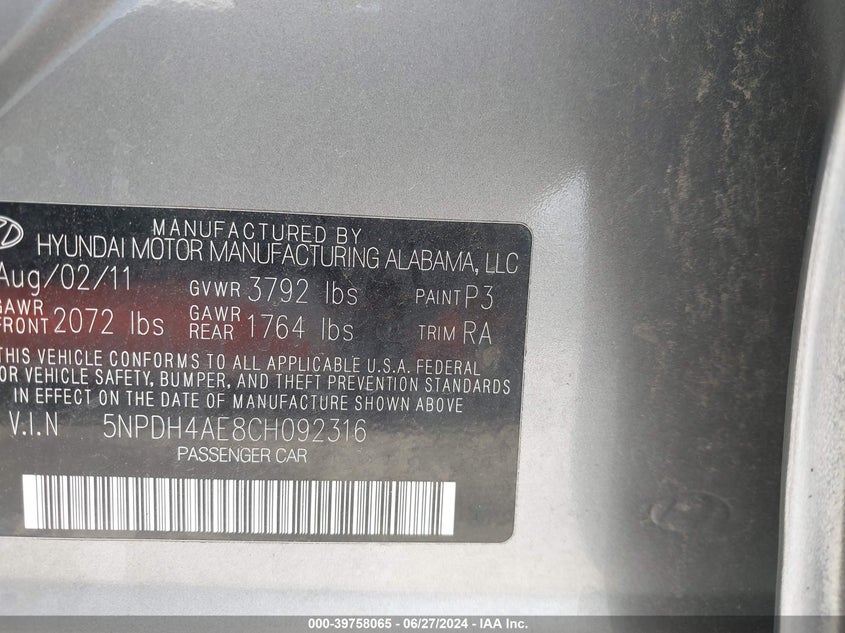 2012 Hyundai Elantra Gls VIN: 5NPDH4AE8CH092316 Lot: 39758065